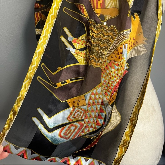 Laurel Burch Silk Scarf Native Horses With Sequins Black 53”x10” - Picture 10 of 11